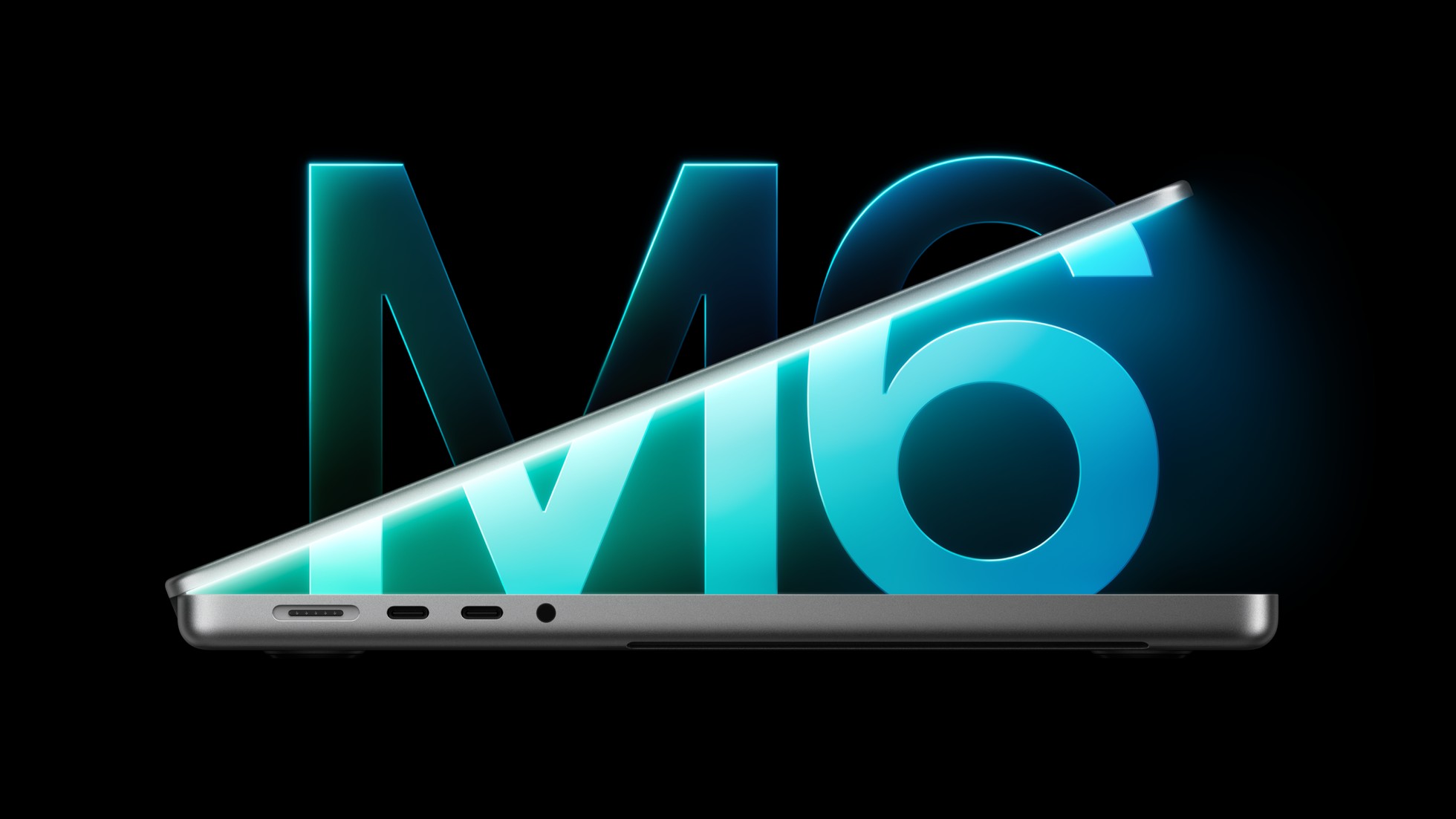 The 14-inch MacBook Pro with M6, half open, with the M6 logo on screen
