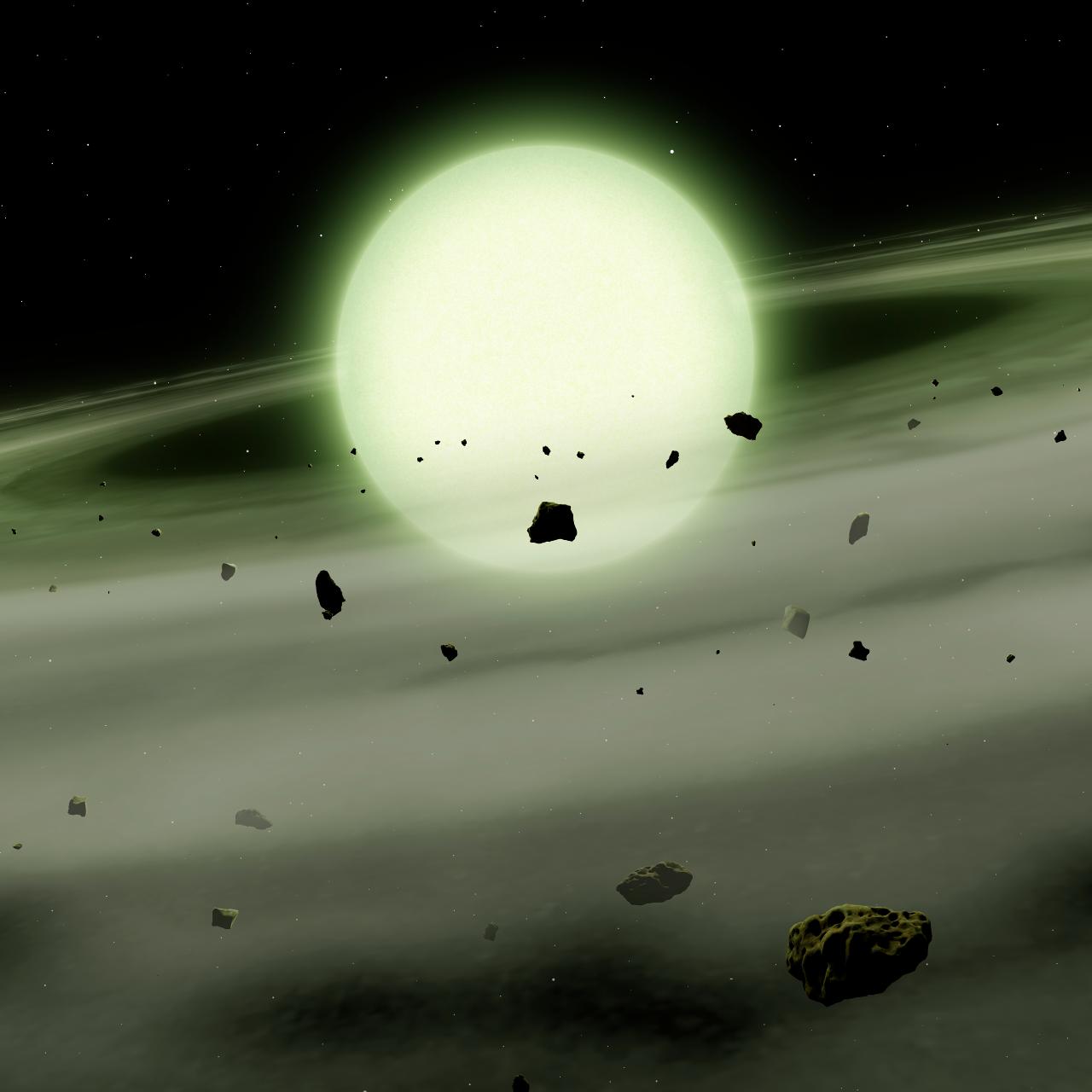 Artist's illustration of the green white dwarf WD J1330+6435 surrounded by rocky debris