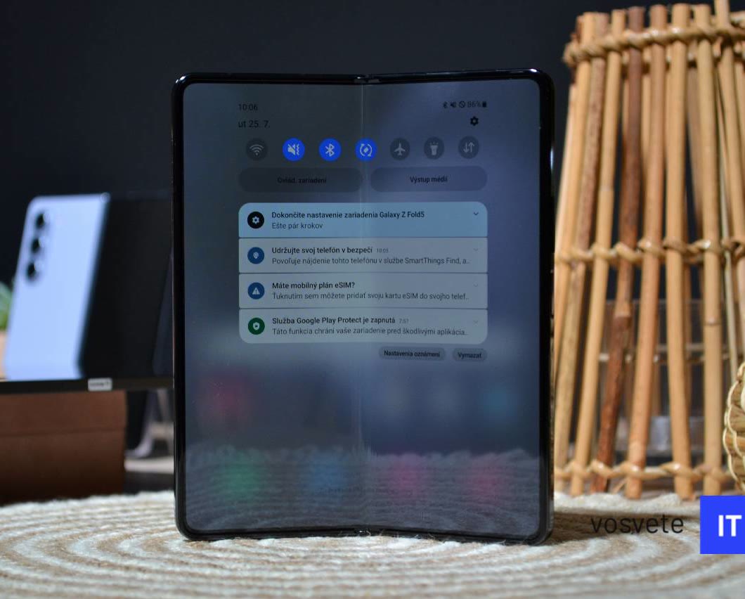 Samsung Galaxy Z Fold 5 opened flat, with a faint vertical crease visible down the middle of the inner screen