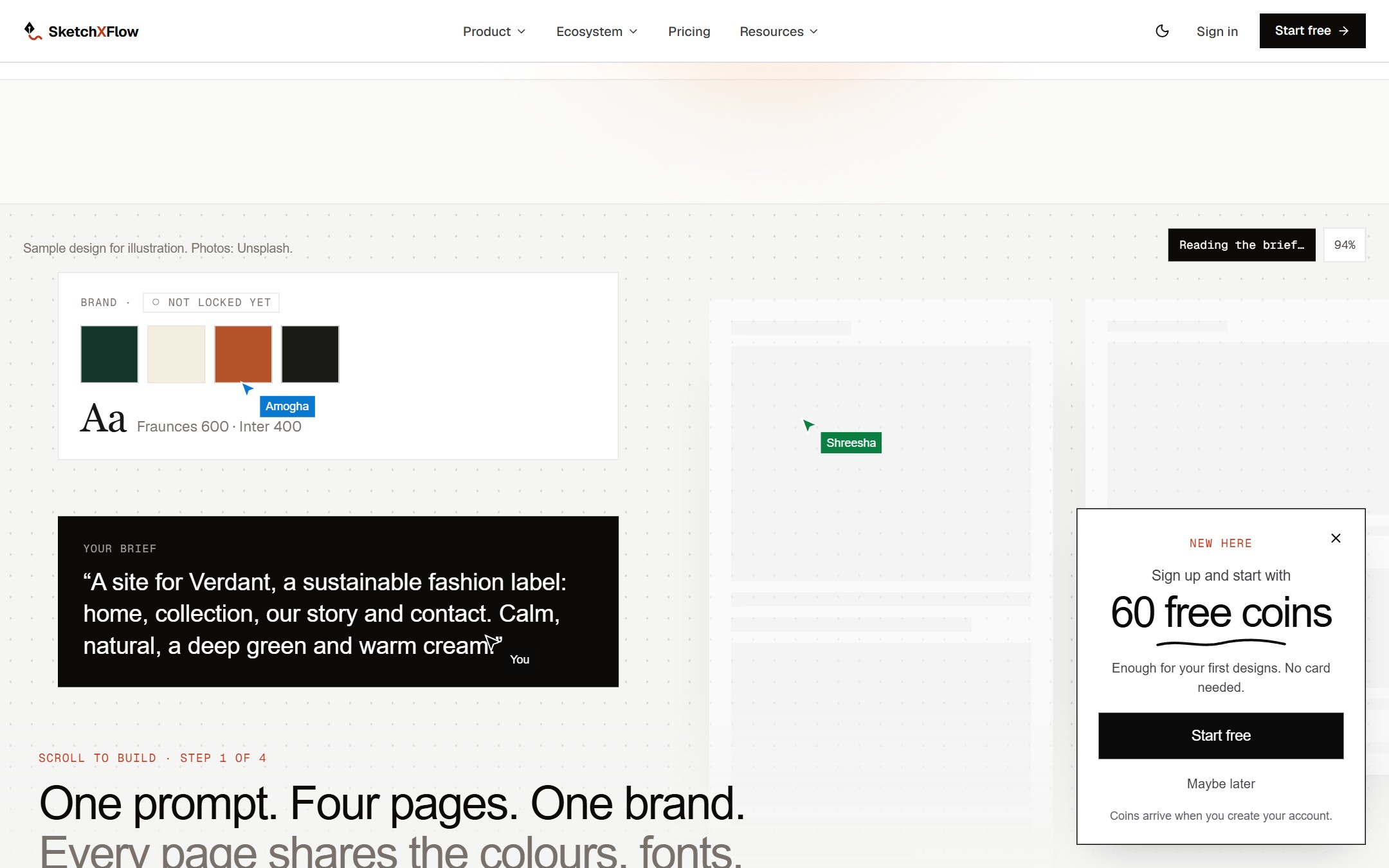 SketchXFlow design system panel: a saved colour palette and typeface for the brand, generated from the brief