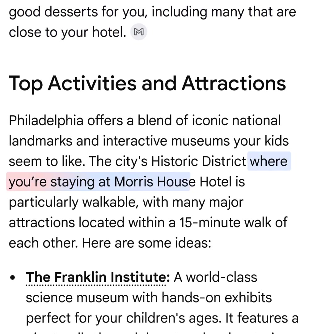 AI Mode answer highlighting a hotel booking found in the user's connected Gmail