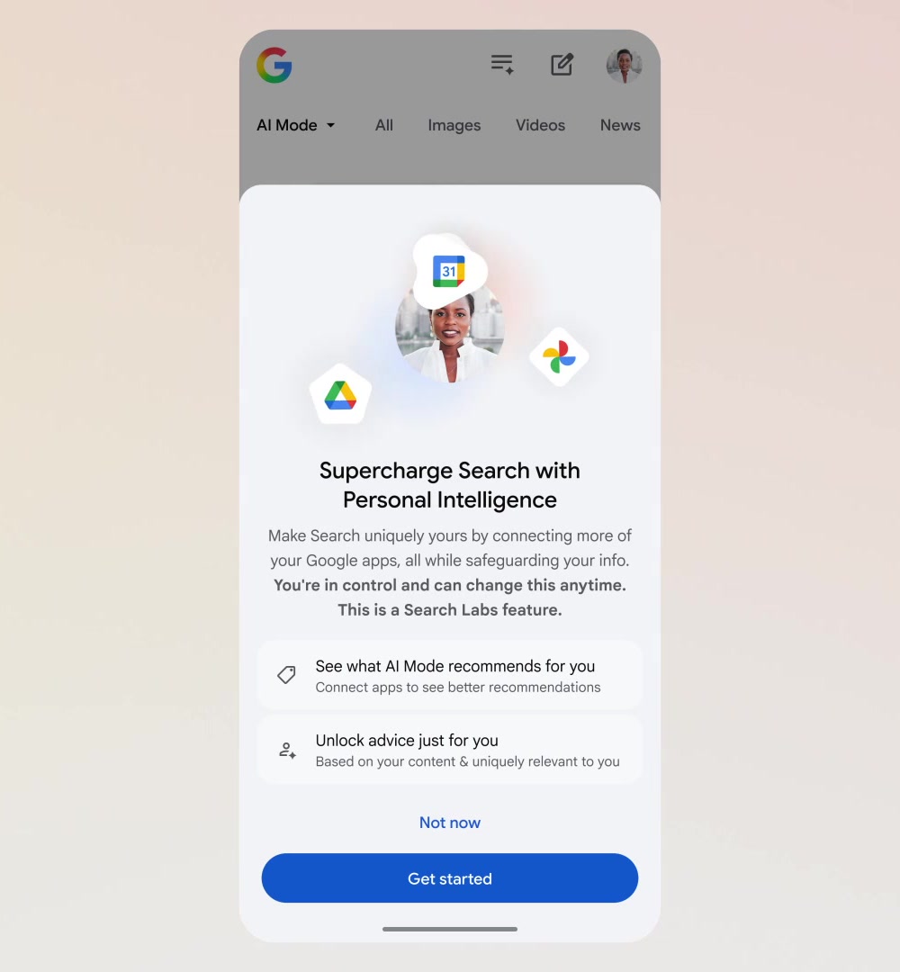 Google Personal Intelligence sign-up screen in AI Mode