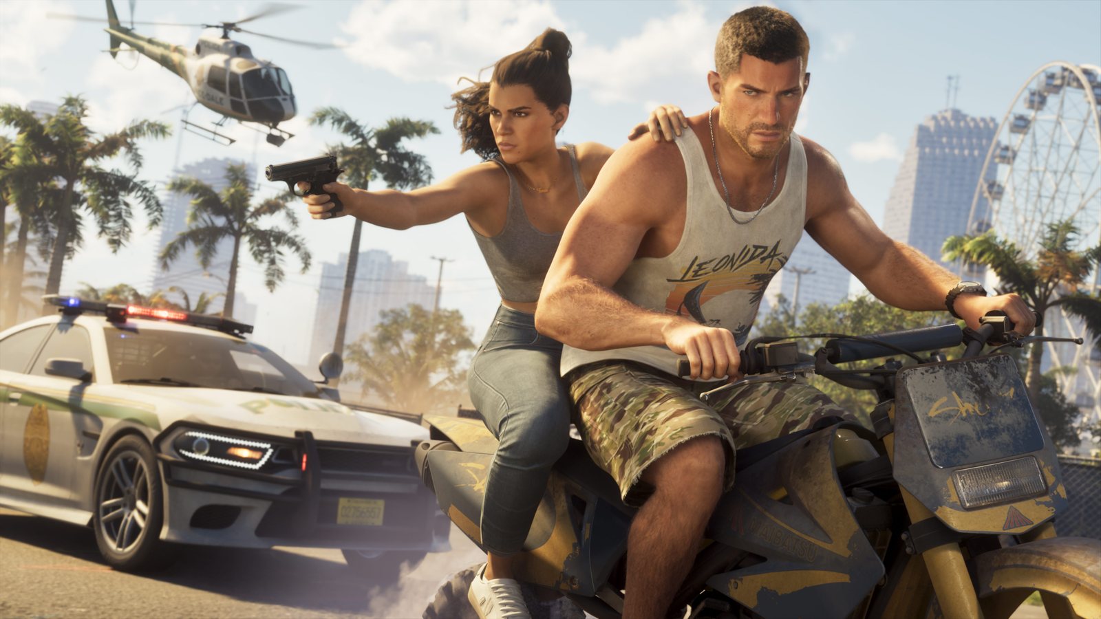 GTA 6 official screenshot of Jason and Lucia escaping police on a motorbike