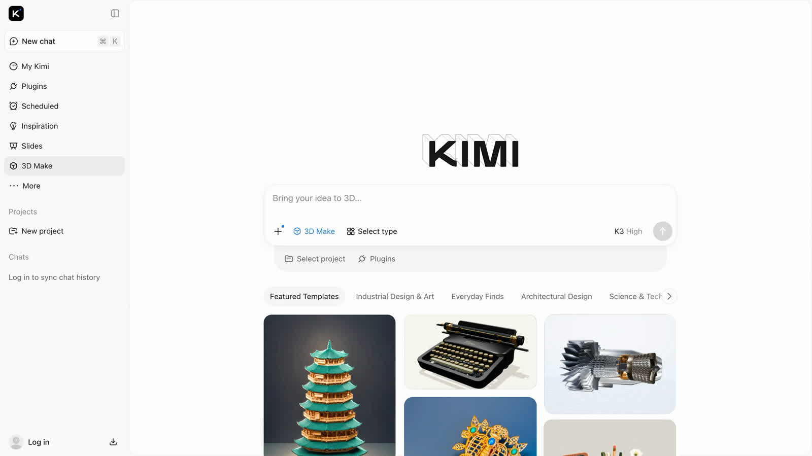 The Kimi web app with the 3D Make tool open