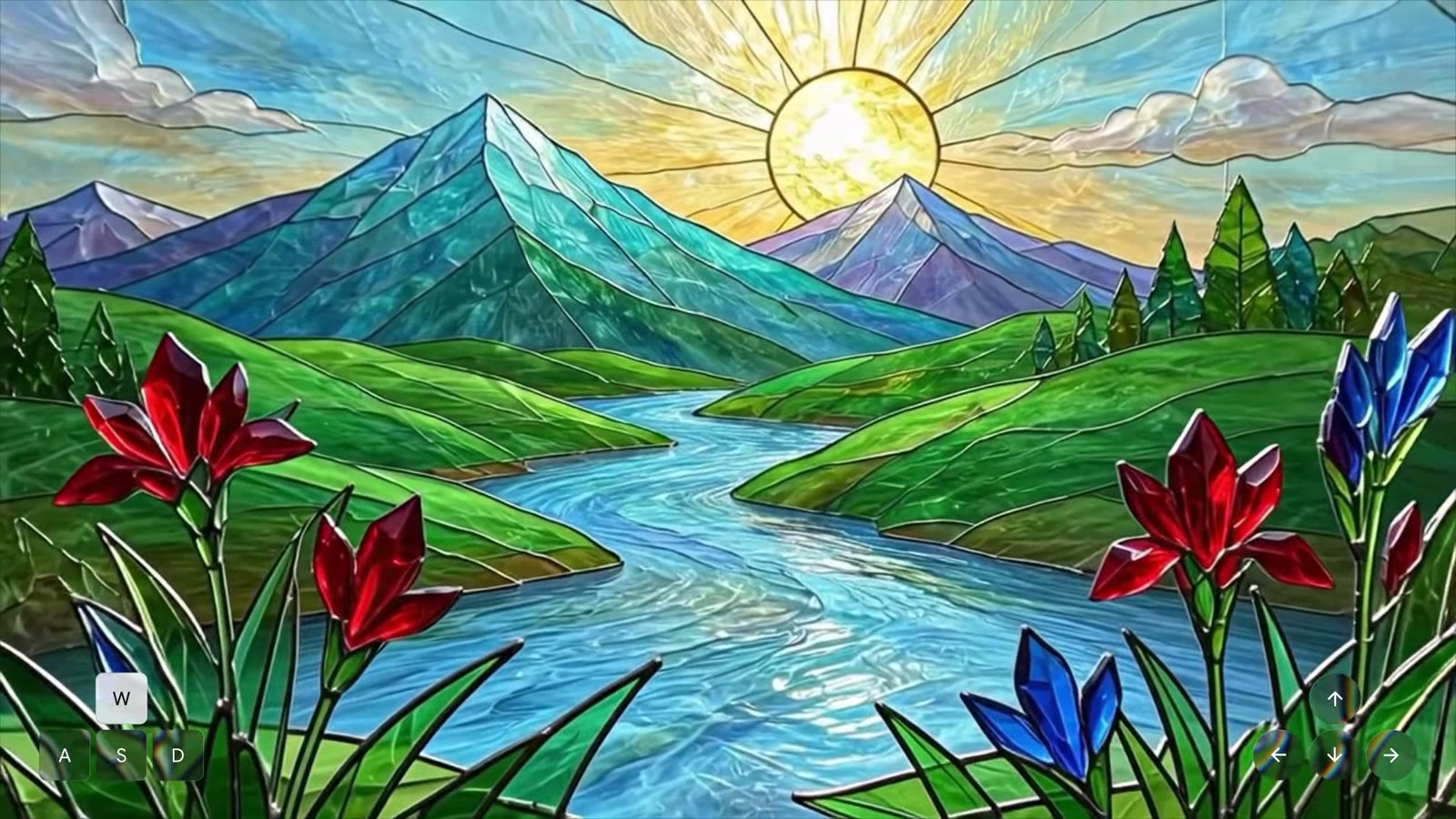 A stained-glass landscape world generated by the model