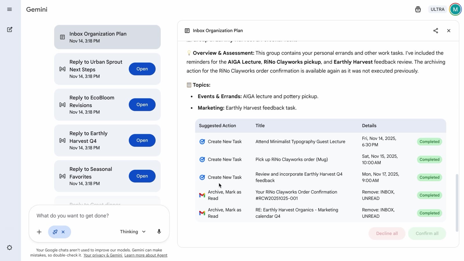 Gemini Agent shows suggested inbox actions, with buttons to confirm or decline each one