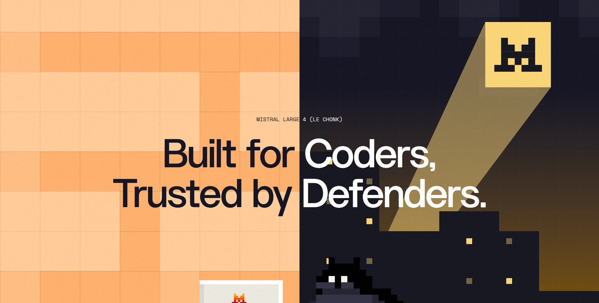 Mistral Large 4 announcement banner: Built for Coders, Trusted by Defenders