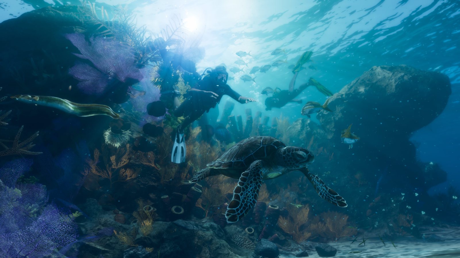 GTA 6 official screenshot of a diver with a sea turtle on a reef
