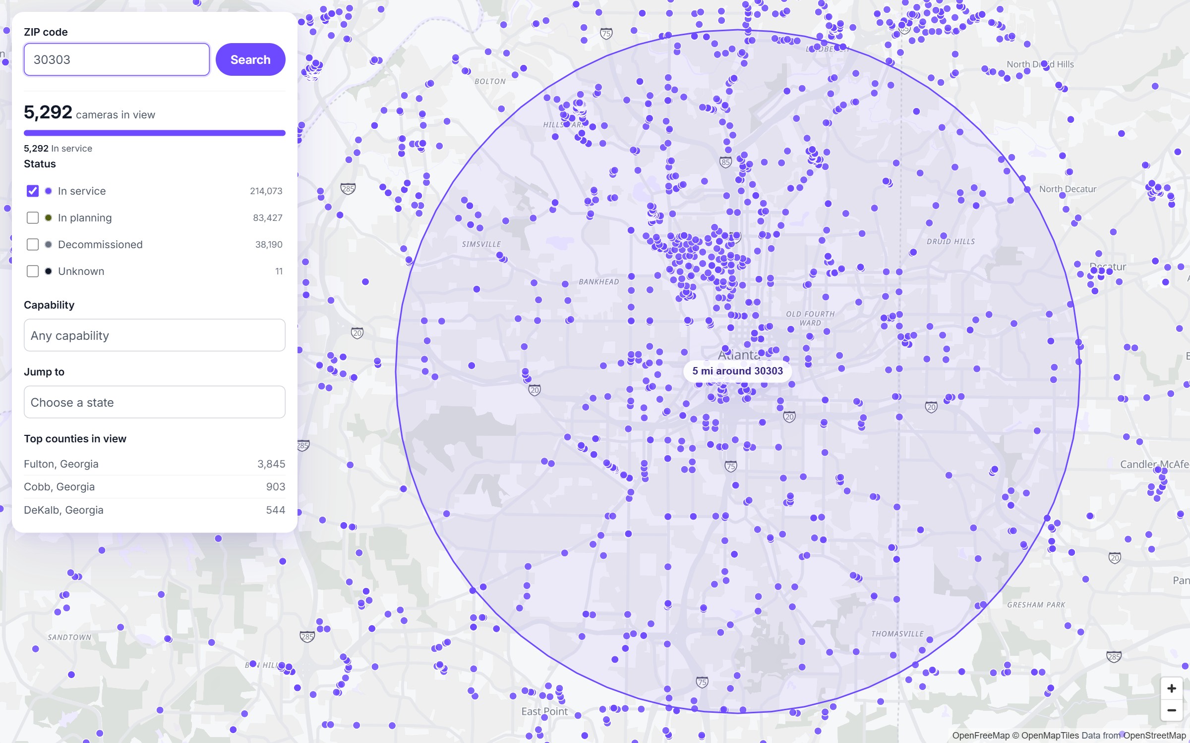 Proton's Flock camera map zoomed to a five-mile circle around downtown Atlanta