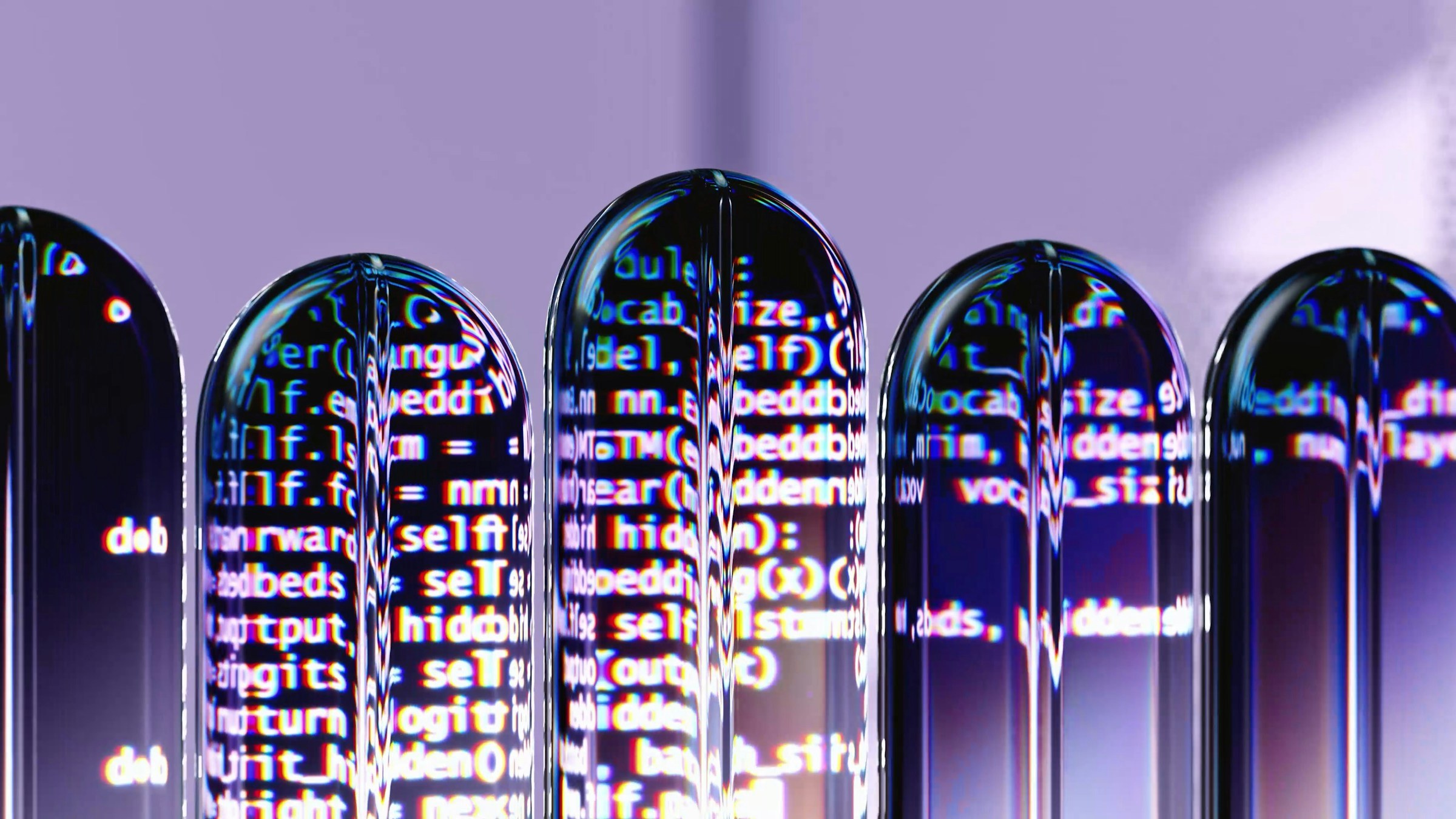 Artwork of glass capsules refracting lines of model code, illustrating language models that generate text