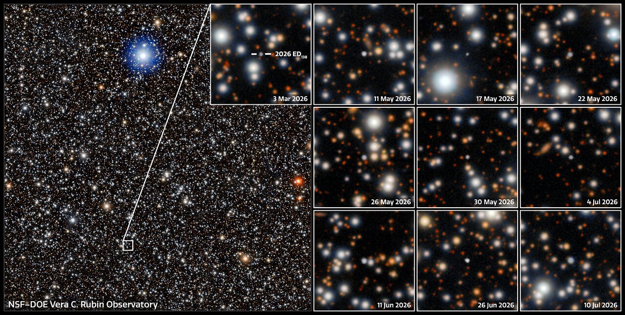 Mosaic of Rubin Observatory discovery images showing 2026 ED138 moving between March and July 2026