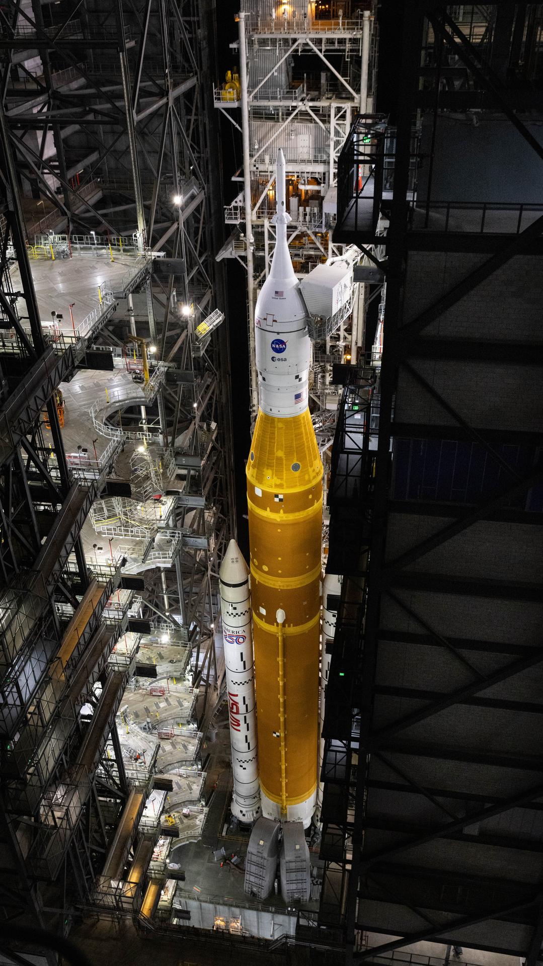 Artemis II SLS rocket and Orion entering the Vehicle Assembly Building at Kennedy Space Center