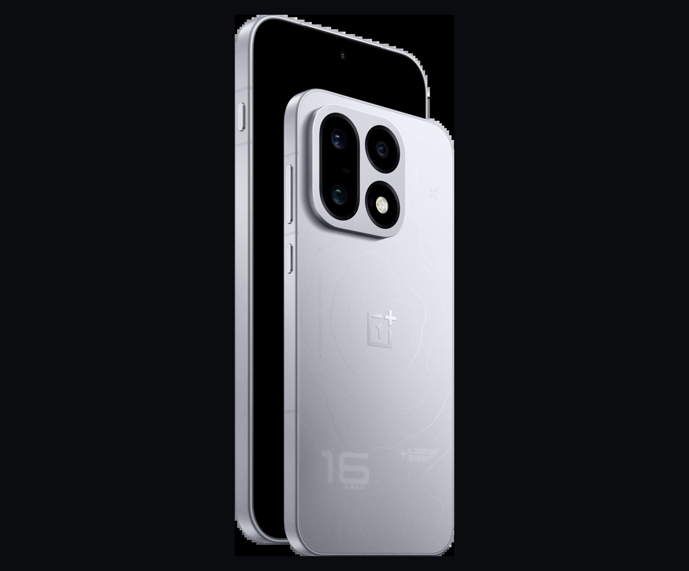 Front and back of the silver model with its square triple camera