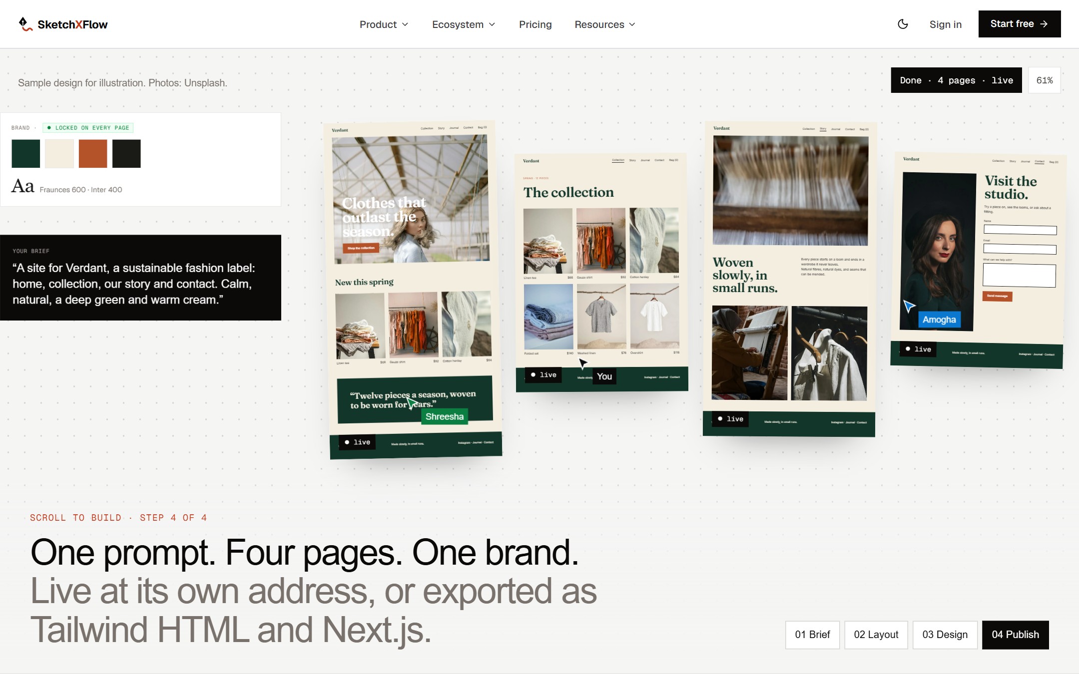 SketchXFlow example: one prompt produces a four-page site for a fashion label with a shared palette and fonts