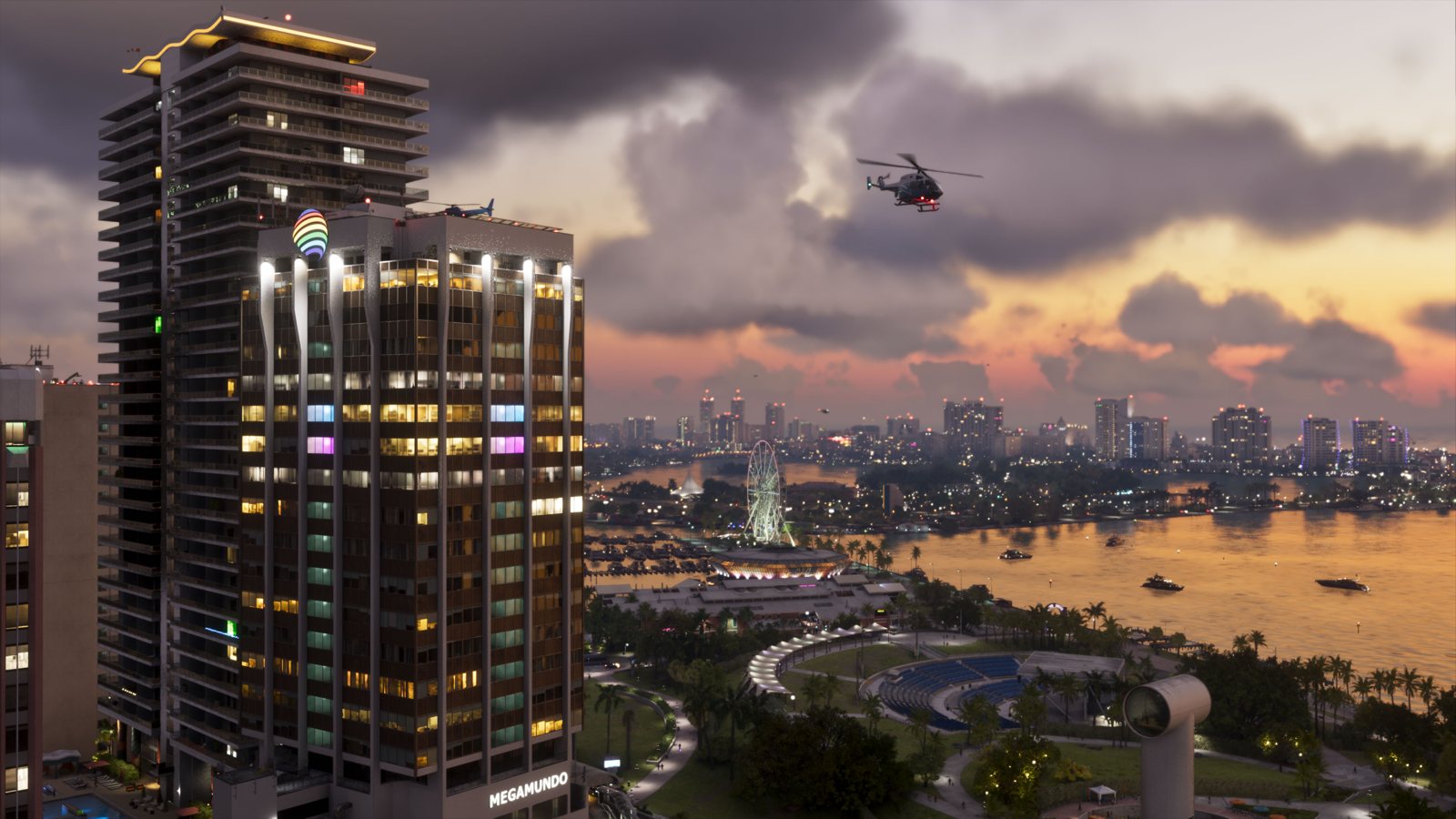 GTA 6 official screenshot of the Vice City skyline at sunset with a helicopter