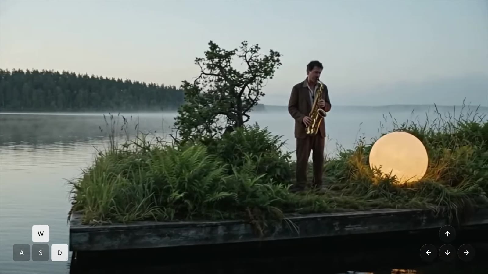 A saxophonist on a small island at dawn, generated live by the model with keyboard controls on screen