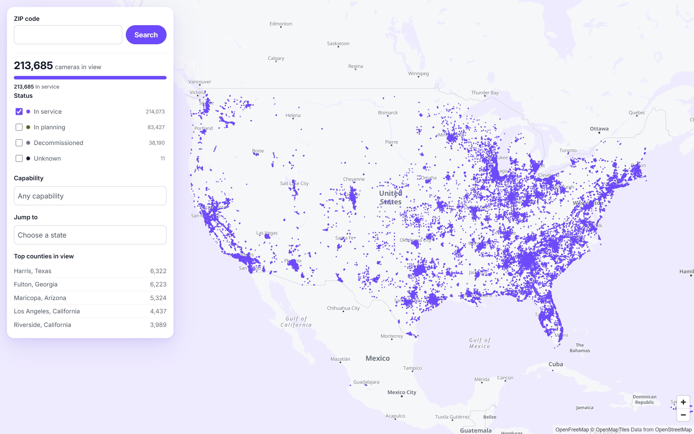Proton's Flock camera map showing Flock devices in service across the United States