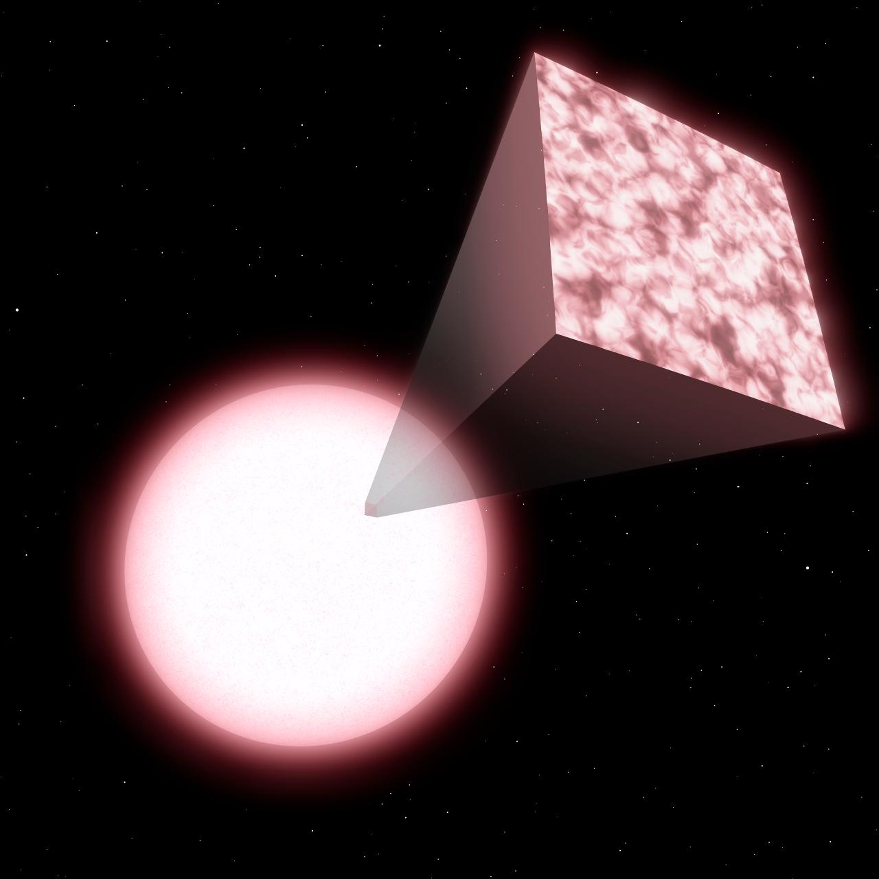 Artist's illustration of the pink white dwarf WD J0902+2010 with a cutaway of its carbon-rich atmosphere