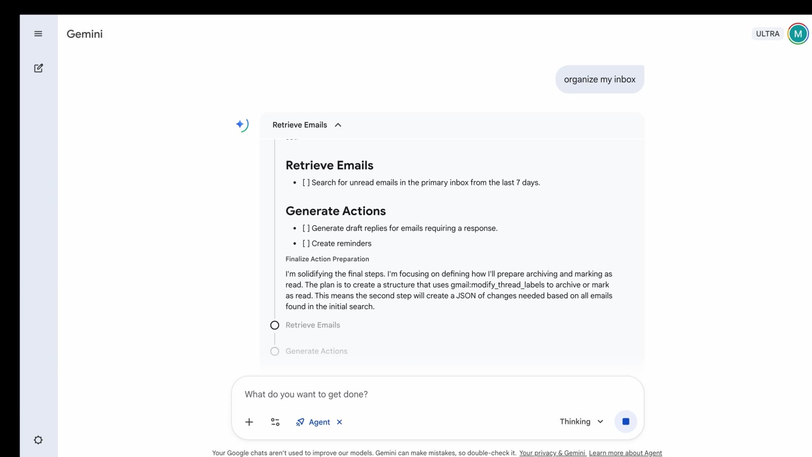 Gemini Agent turns the request "organize my inbox" into a written plan: retrieve emails, then generate actions