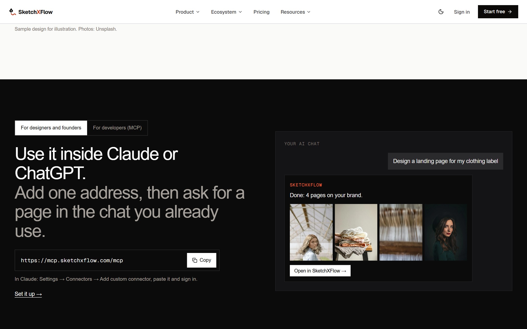 SketchXFlow inside Claude or ChatGPT: add one MCP address and design a page from the chat