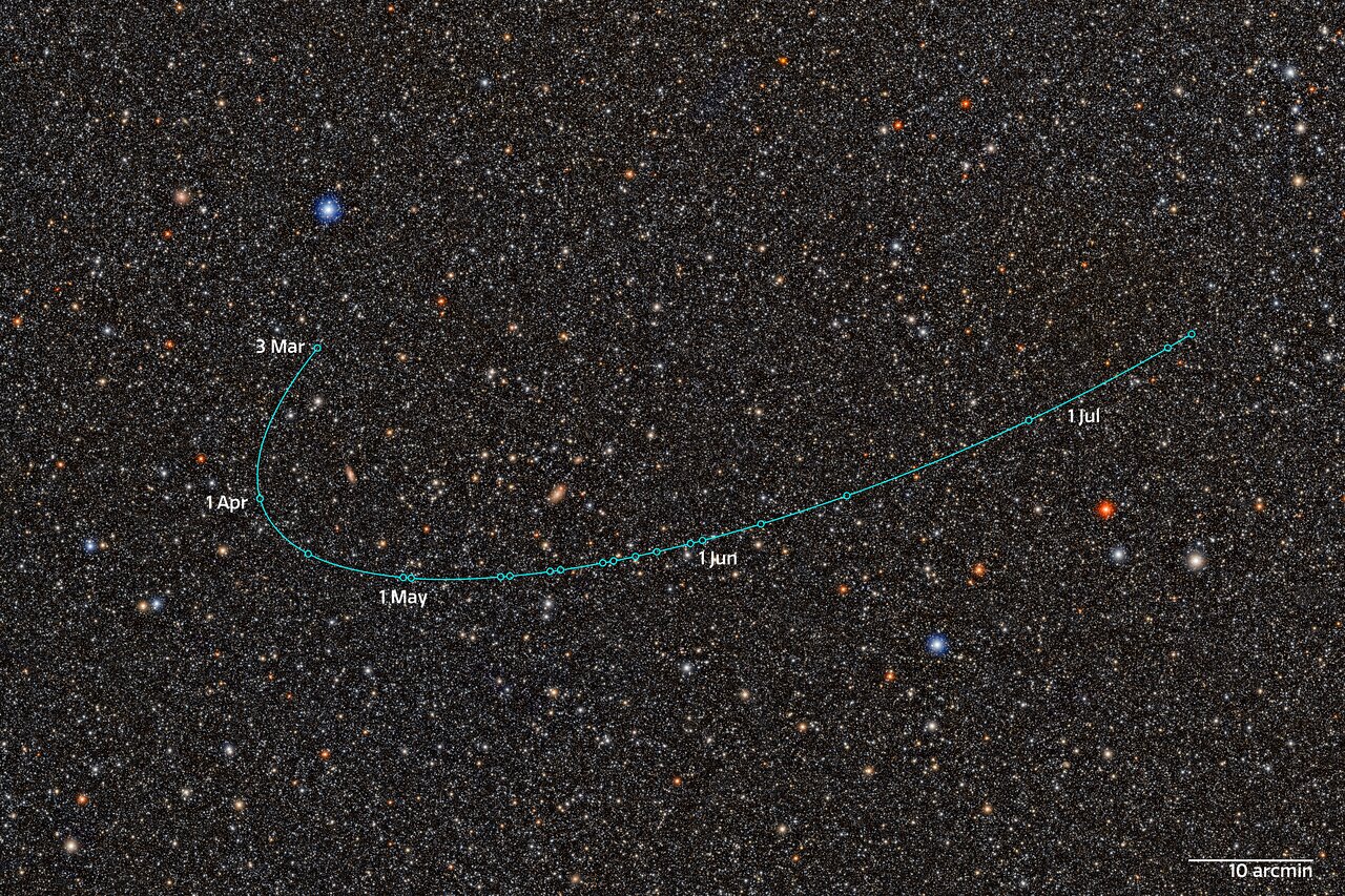 2026 ED138's path across a crowded star field near the Milky Way, March to July 2026