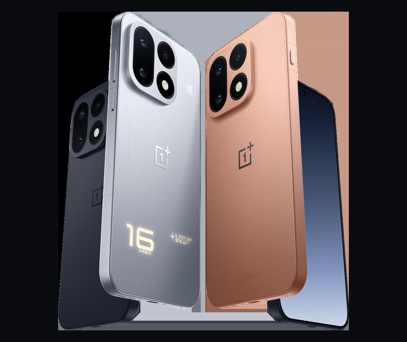 OnePlus 16 in black, silver with a glowing 16 on the back, and orange