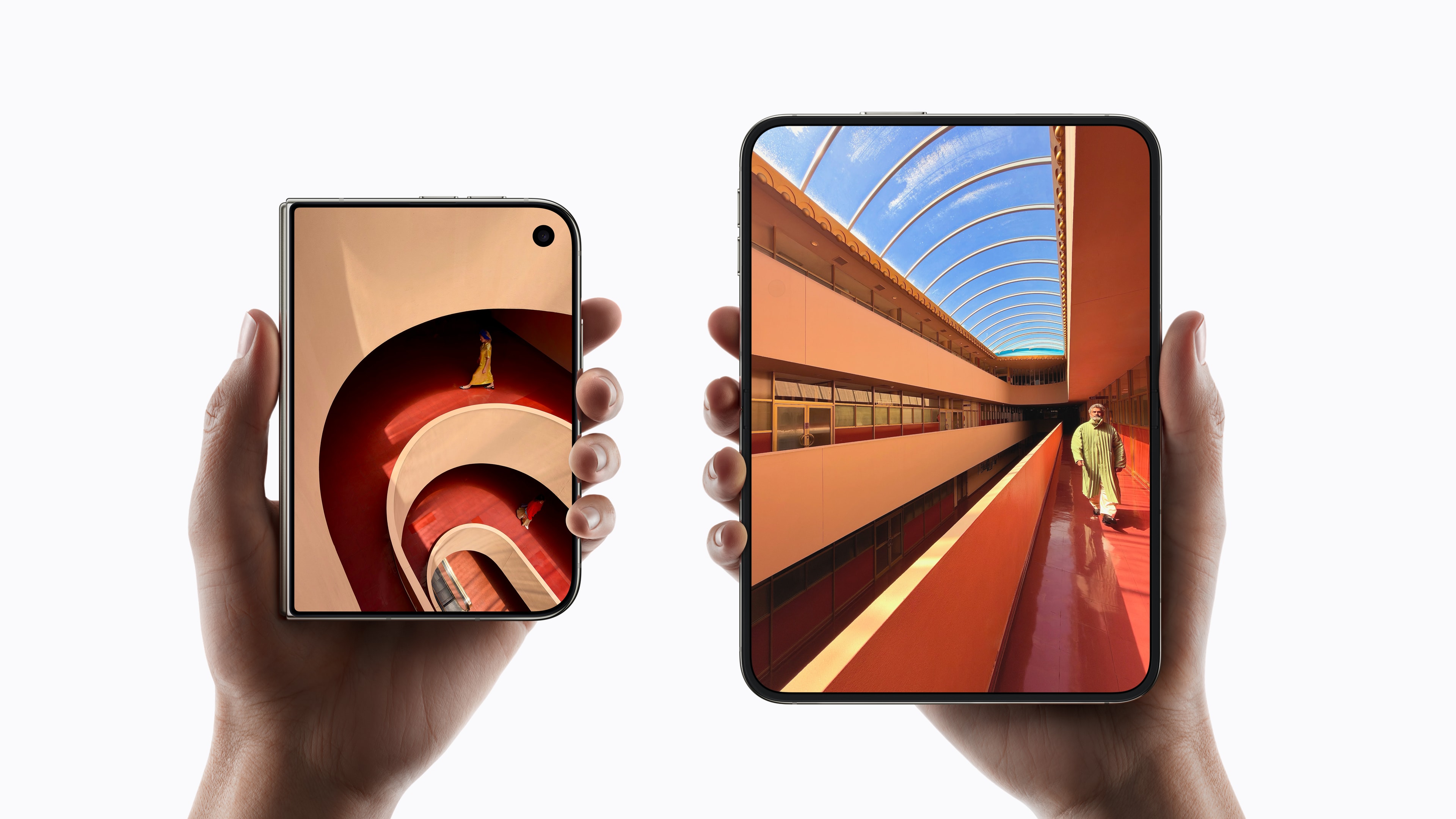 Two hands hold iPhone Duo, one folded with the 5.4-inch outer display and one unfolded with the 7.6-inch inner display