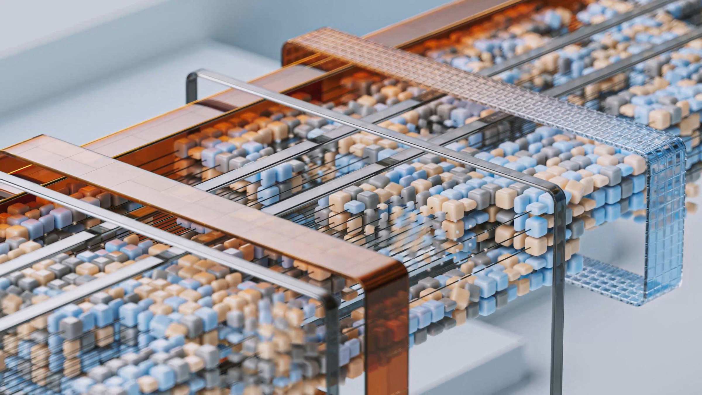 Artwork of glass rails moving coloured blocks, illustrating the prediction method used in large language models